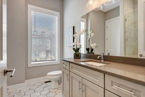 Combined shower/bathtub, hair dryer