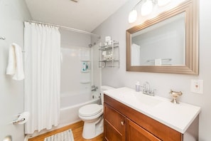 A bathroom with a shower, toilet, vanity, and a large mirror.