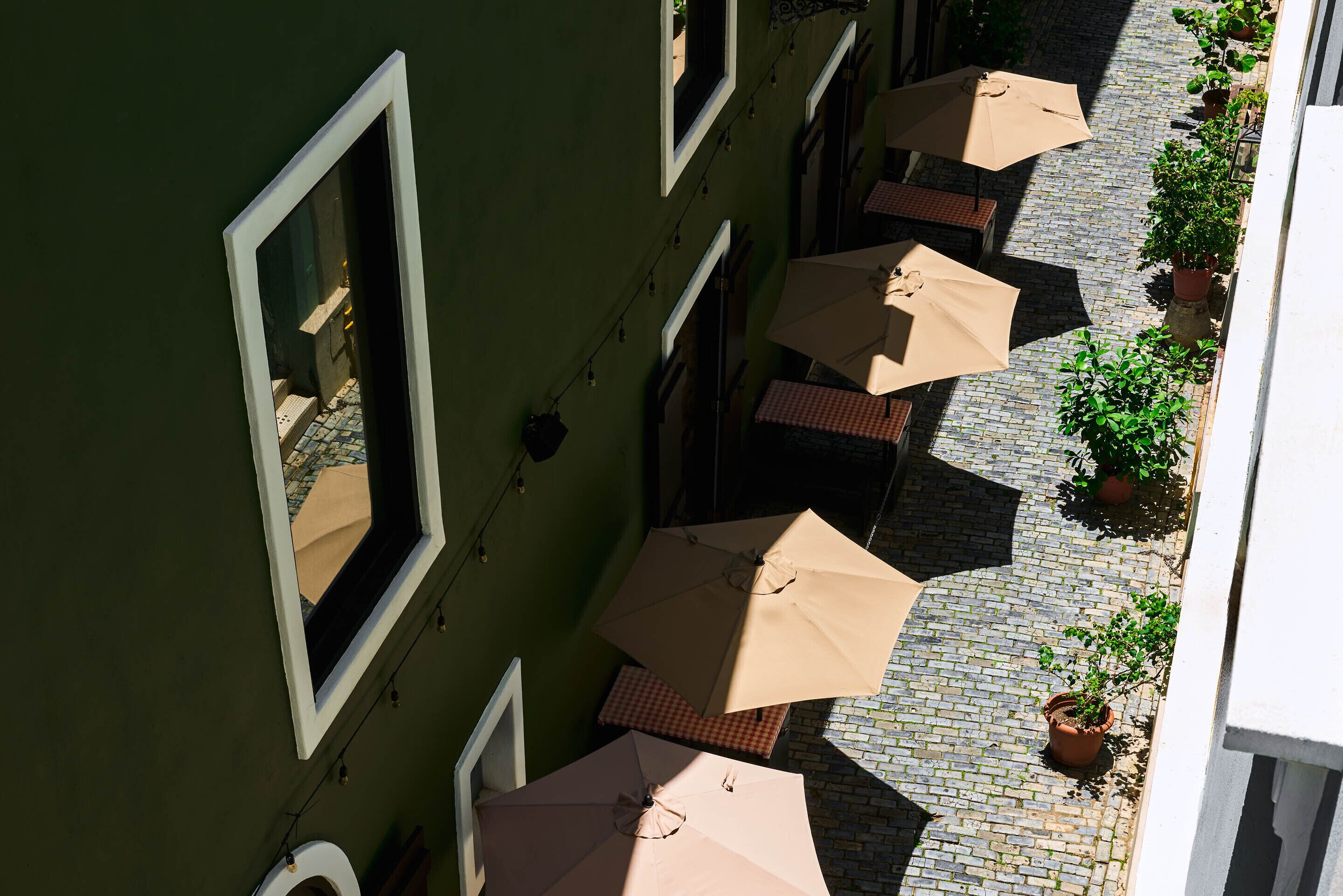 Un patio con mesas al aire libre y plantas en macetas.