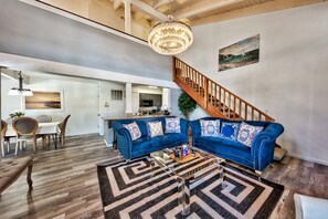 TV, fireplace, books