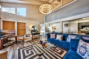 TV, fireplace, books