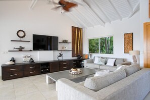 TV, DVD player, books, stereo
