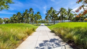A pathway flanked by palm trees and grass, leading towards a building with a red roof. - Best Beach Location | Wi-Fi, TV & Amenities (Miami Beach)