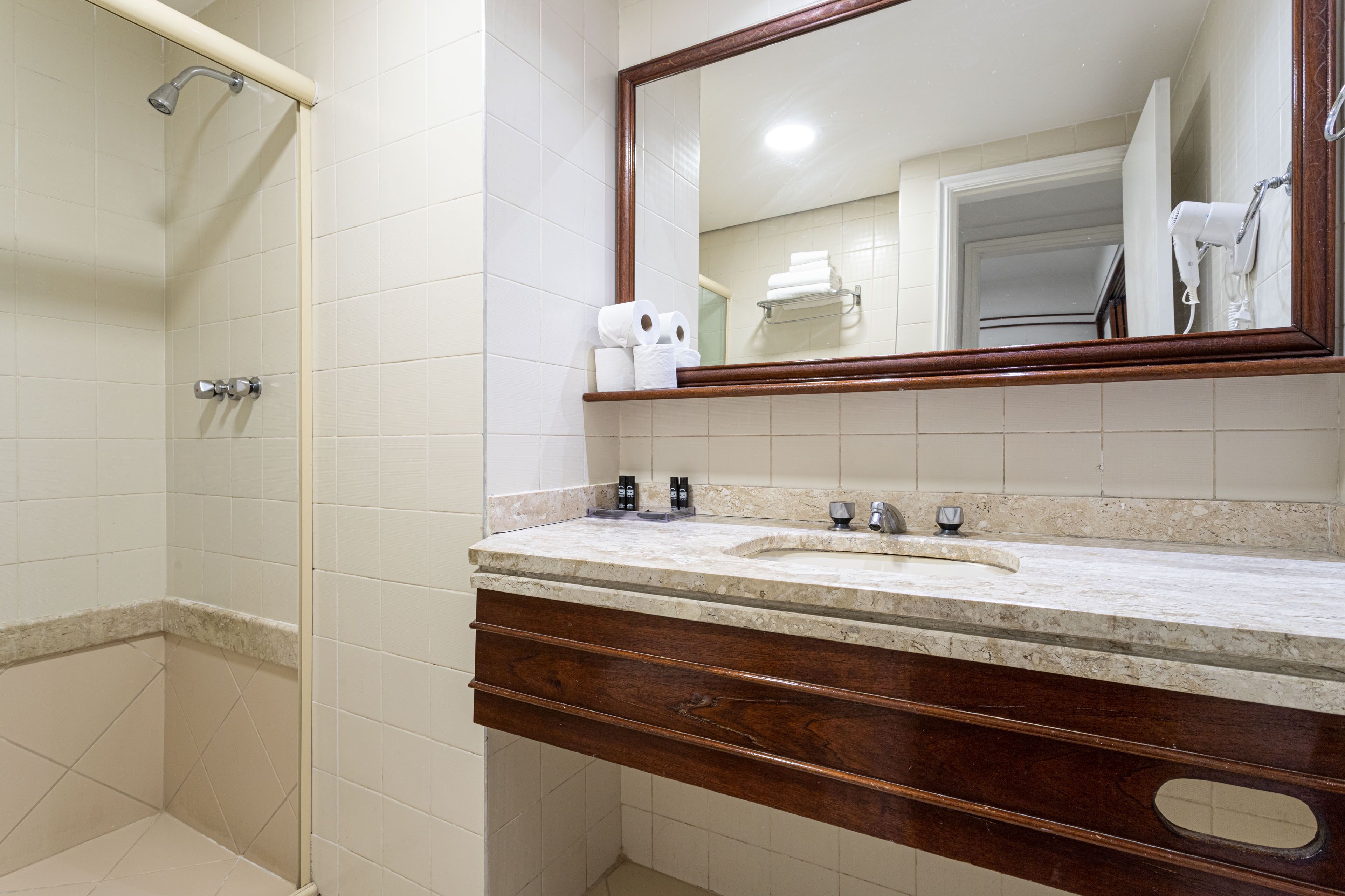 Une salle de bain avec une douche, un lavabo avec un miroir et des articles de toilette sur le comptoir.