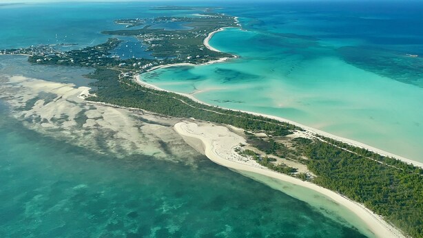 Vista aerea di una zona costiera con spiaggia sabbiosa, acque cristalline turchesi e una fitta area boschiva.