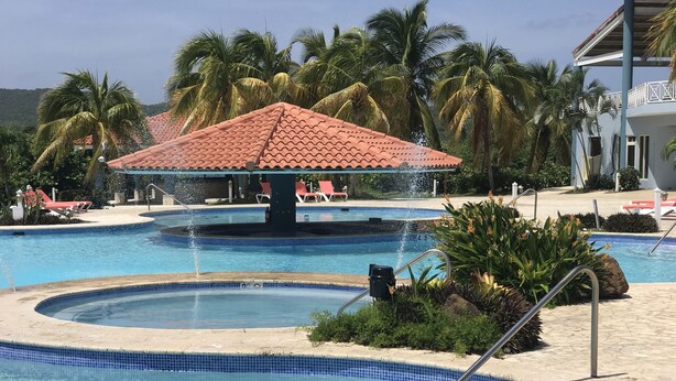 A multi-level swimming pool with a water fountain, surrounded by palm trees and lounge chairs. - OCEAN VIEW COSTA BONITA (Culebra)
