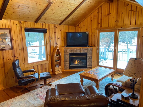 Smart TV, fireplace, DVD player, books