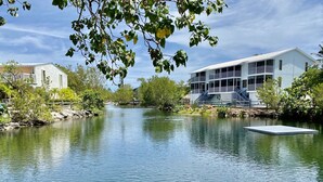 Une rivière paisible, bordée d’un quai, entourée d’une végétation luxuriante et de bâtiments modernes dotés de balcons.