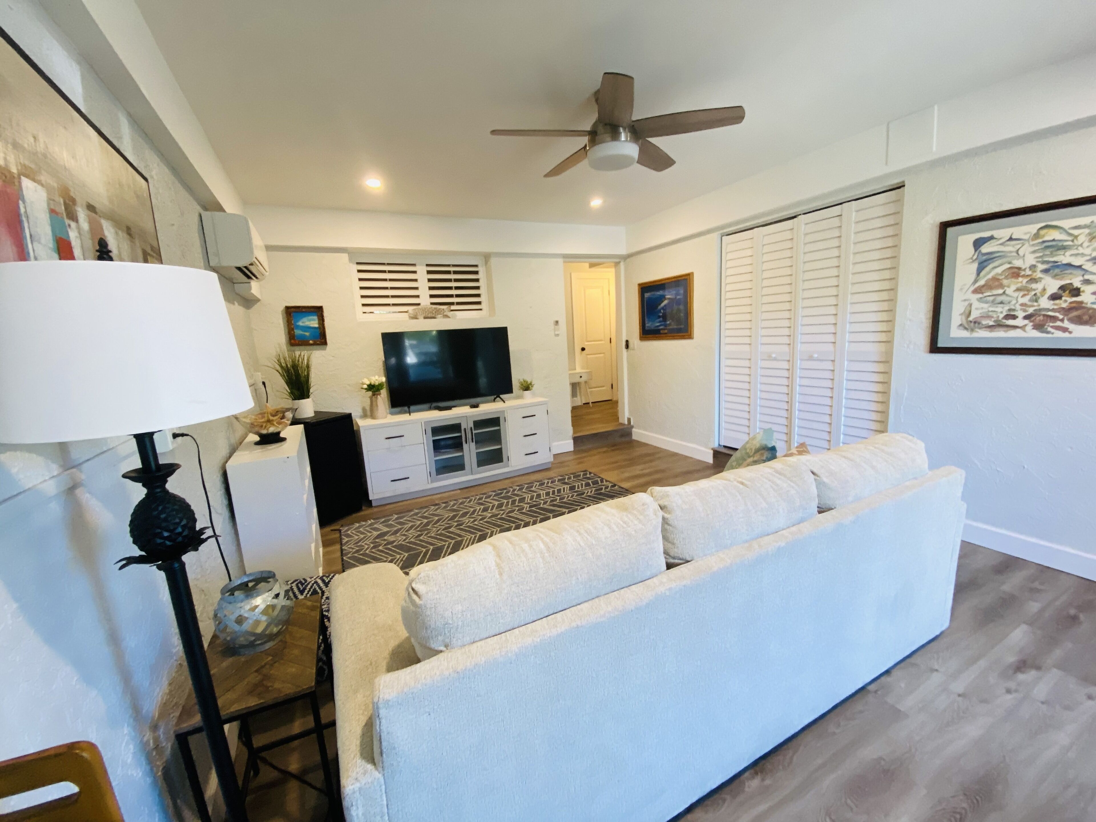 A living room with a sofa, TV, and ceiling fan.
