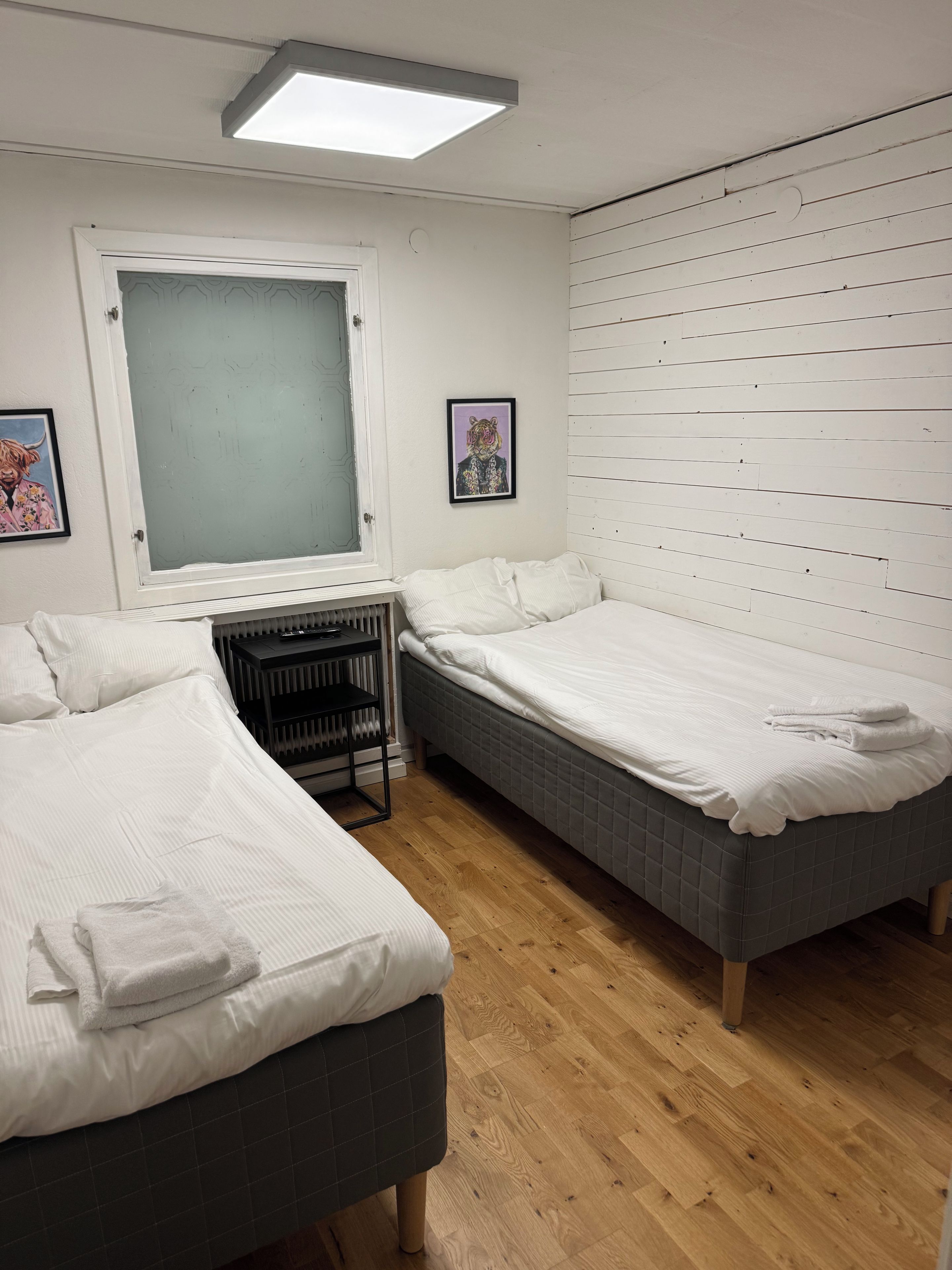 Ein Zimmer mit zwei Betten, einem Heizkörper, einem Spiegel und einer Wand mit horizontalen Linien.