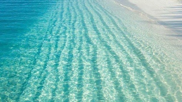 Una vista despejada de una playa con arena blanca y agua turquesa.