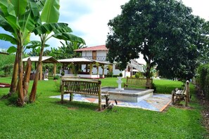 Escape to a serene garden oasis with lush greenery, a tranquil bench, and soothing fountain.
