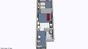 Grundriss eines Hotelzimmers mit Küche, Essbereich, Bad und Wohnbereich. Die Gesamtfläche beträgt 37 Quadratmeter.