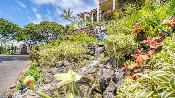 A landscaped area with a waterfall, tropical plants, and a building with a sign that reads "Maui."