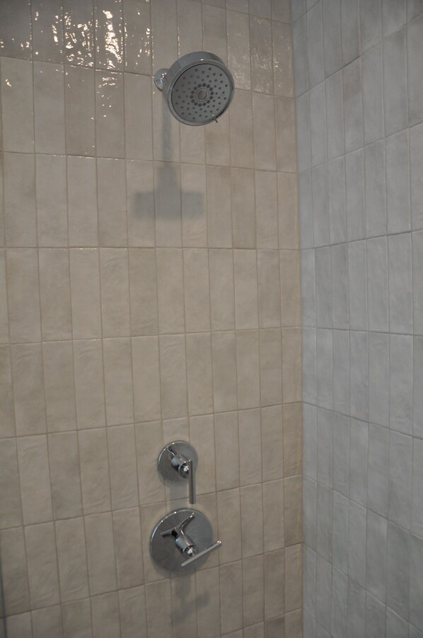 Ducha con cabezal circular y ducha de mano.
