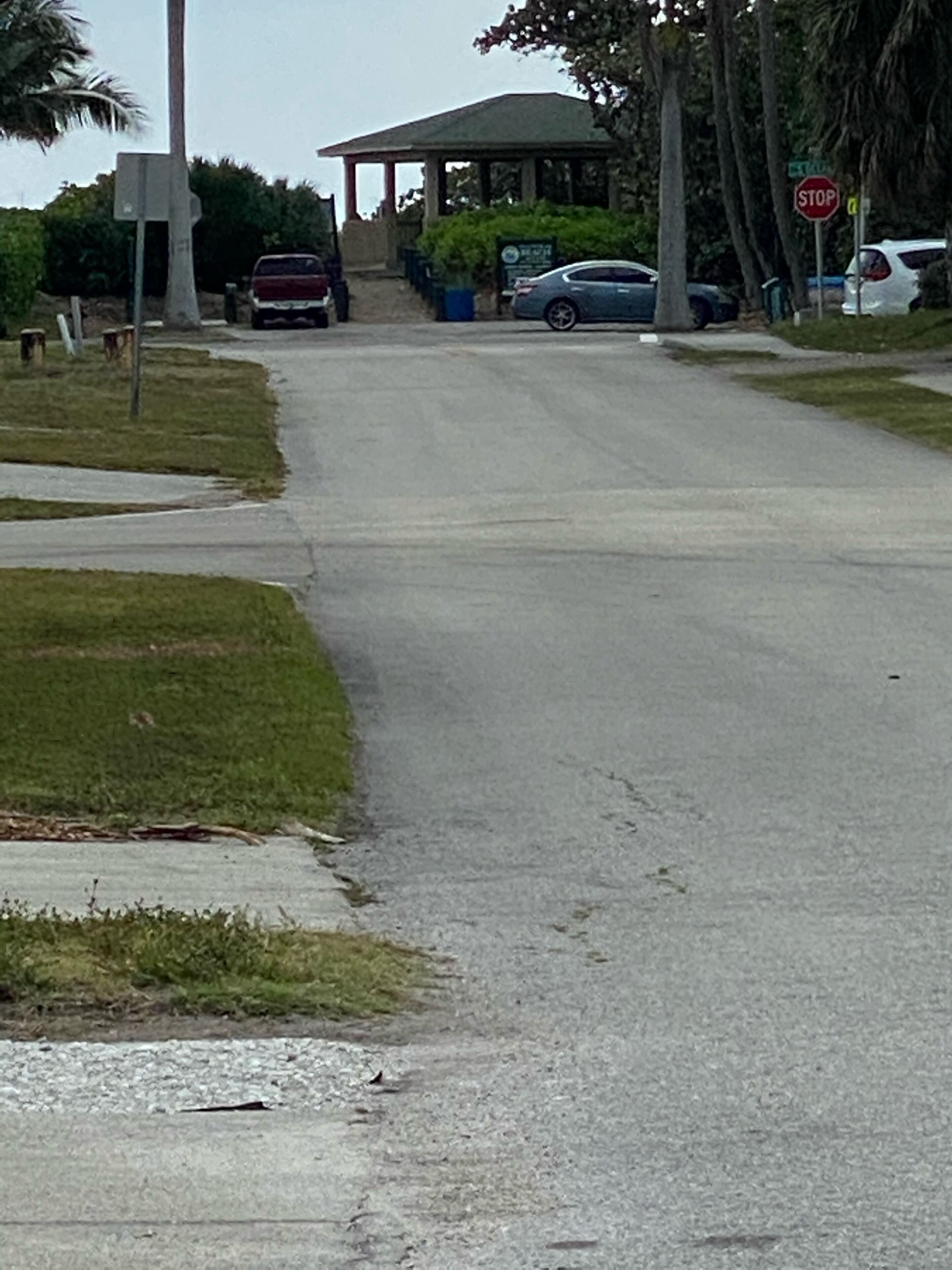 A paved road with parked cars and a gazebo in the distance.
