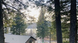 En stuga med en grund av sten och ett sluttande tak, omgiven av höga, vintergröna träd.