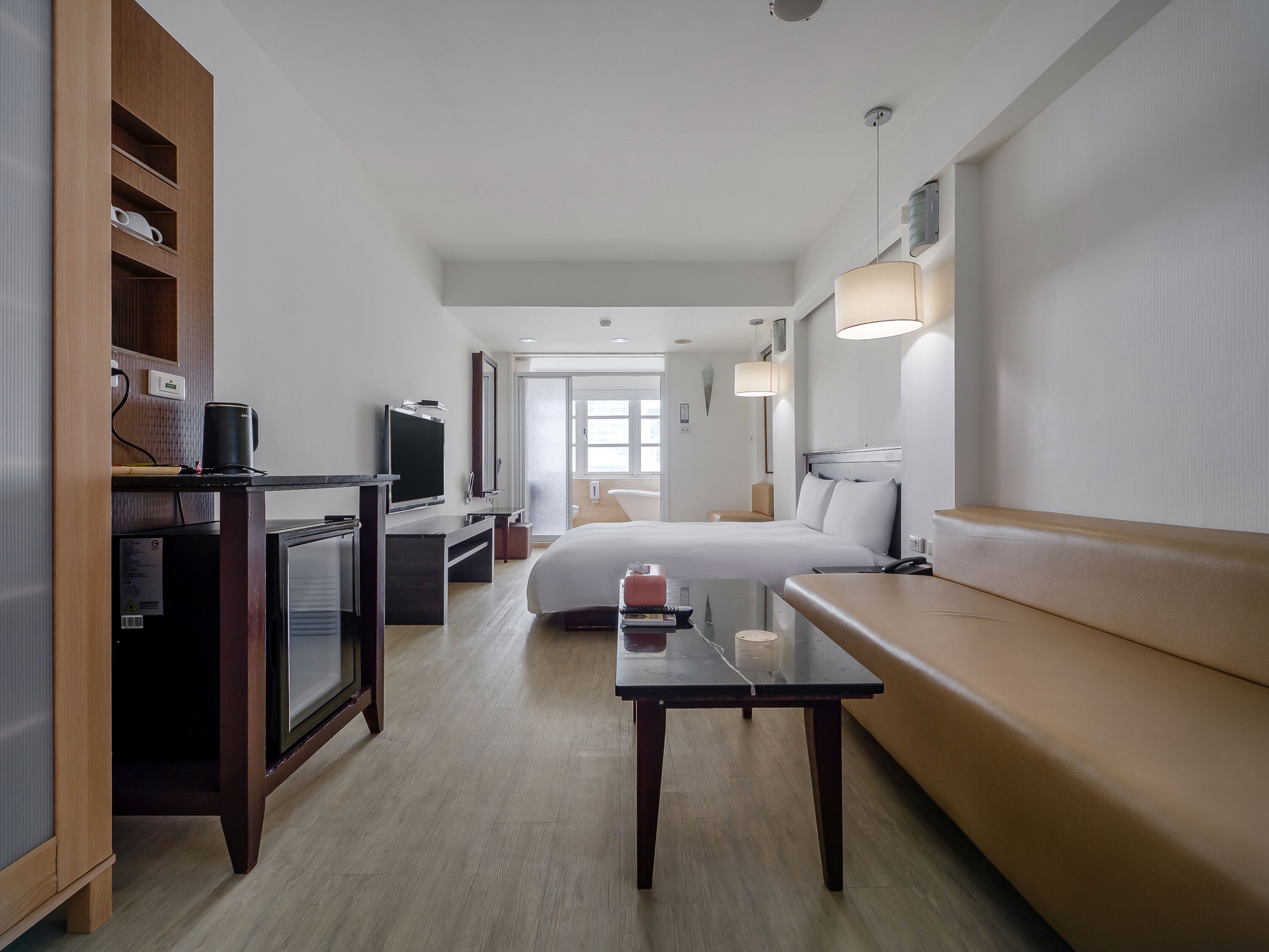 Desk, laptop workspace, free WiFi, bed sheets