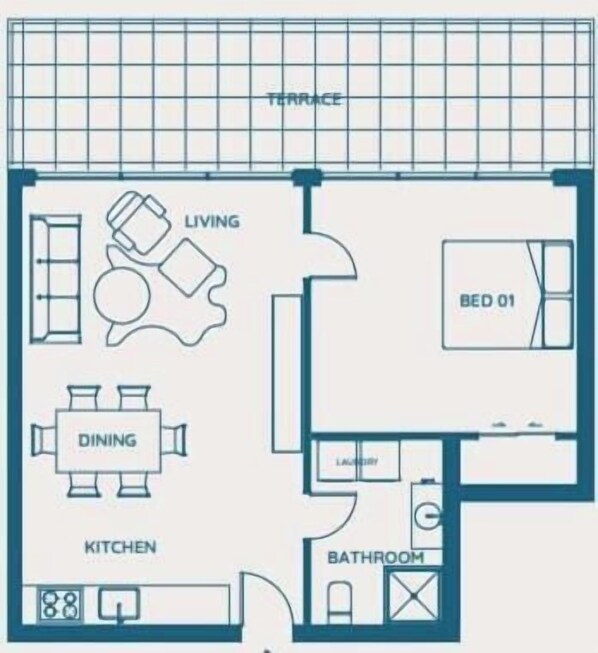 A floor plan with a terrace, living area, dining room, kitchen, bathroom, and a bedroom labeled 'BED 01'. - Kikorangi | Lake View, BBQ, A/C & Free Parking (Queenstown)