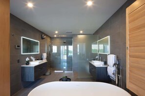 Bathtub, hair dryer, towels, shampoo