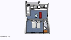 A floor plan of a hotel room with a kitchenette, a bed, a bathroom, and a small seating area. - 1 Bedroom St Helens Apartment | Free WiFi | Fully Furnished (St Helens)