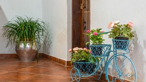 Een gang met een grote potplant, twee blauwe metalen fietskarren met bloemen en een betegelde vloer.