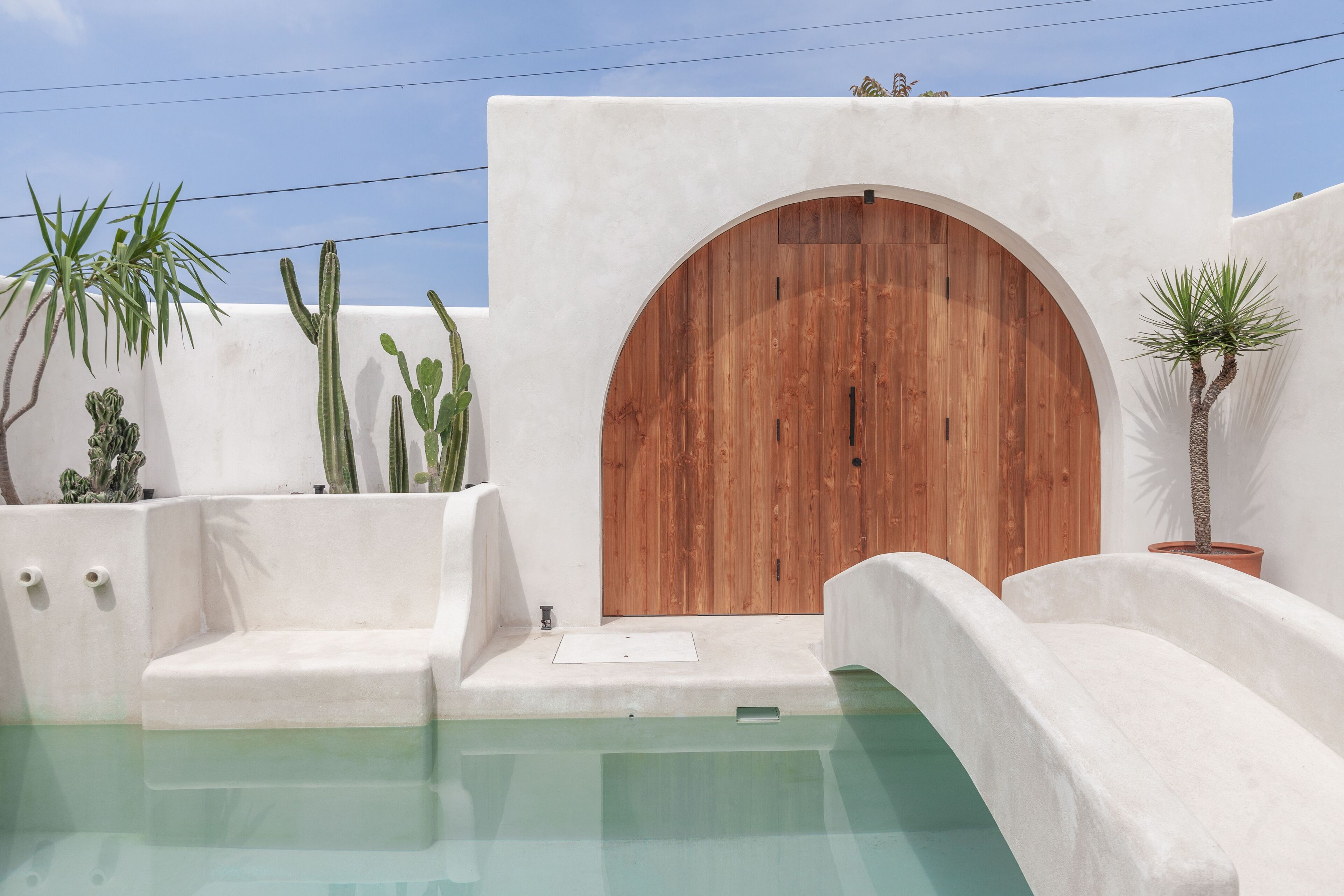 A pool area with a wooden door, white walls, and cacti.