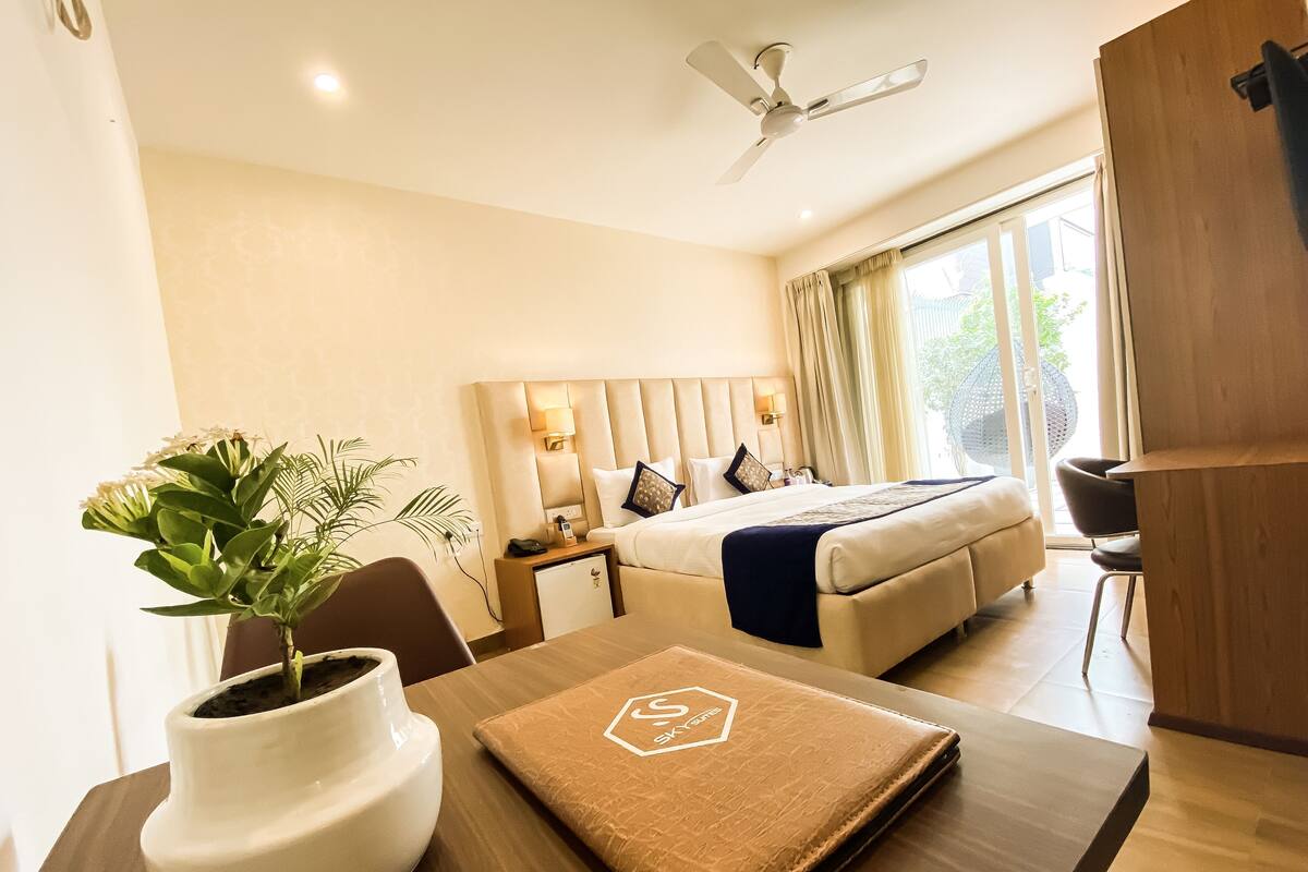 A hotel room with a bed, bedside table, lamp, potted plant, and a view of the outdoors.