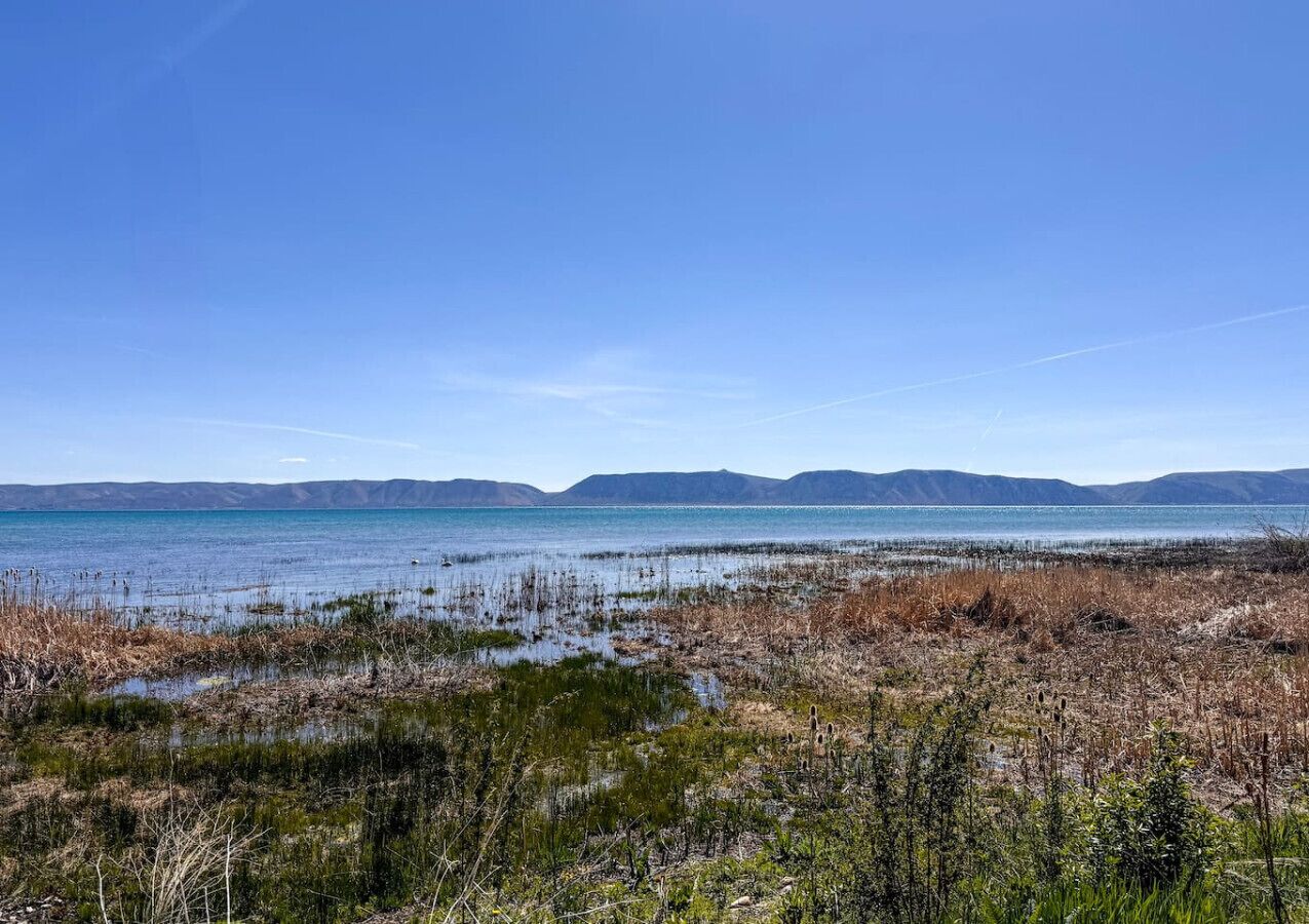 Paesaggio costiero con cielo sereno, un corpo d'acqua e montagne in lontananza.