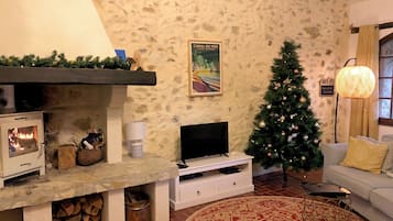 Un accogliente soggiorno con camino in pietra, televisore, albero di Natale e tappeto decorato.