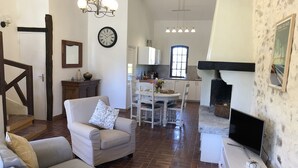 A spacious living room with a fireplace, a dining area, and a kitchen.