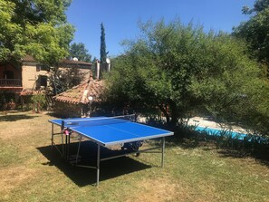 A ping pong table in a grassy outdoor area with a stone building and trees in the background.