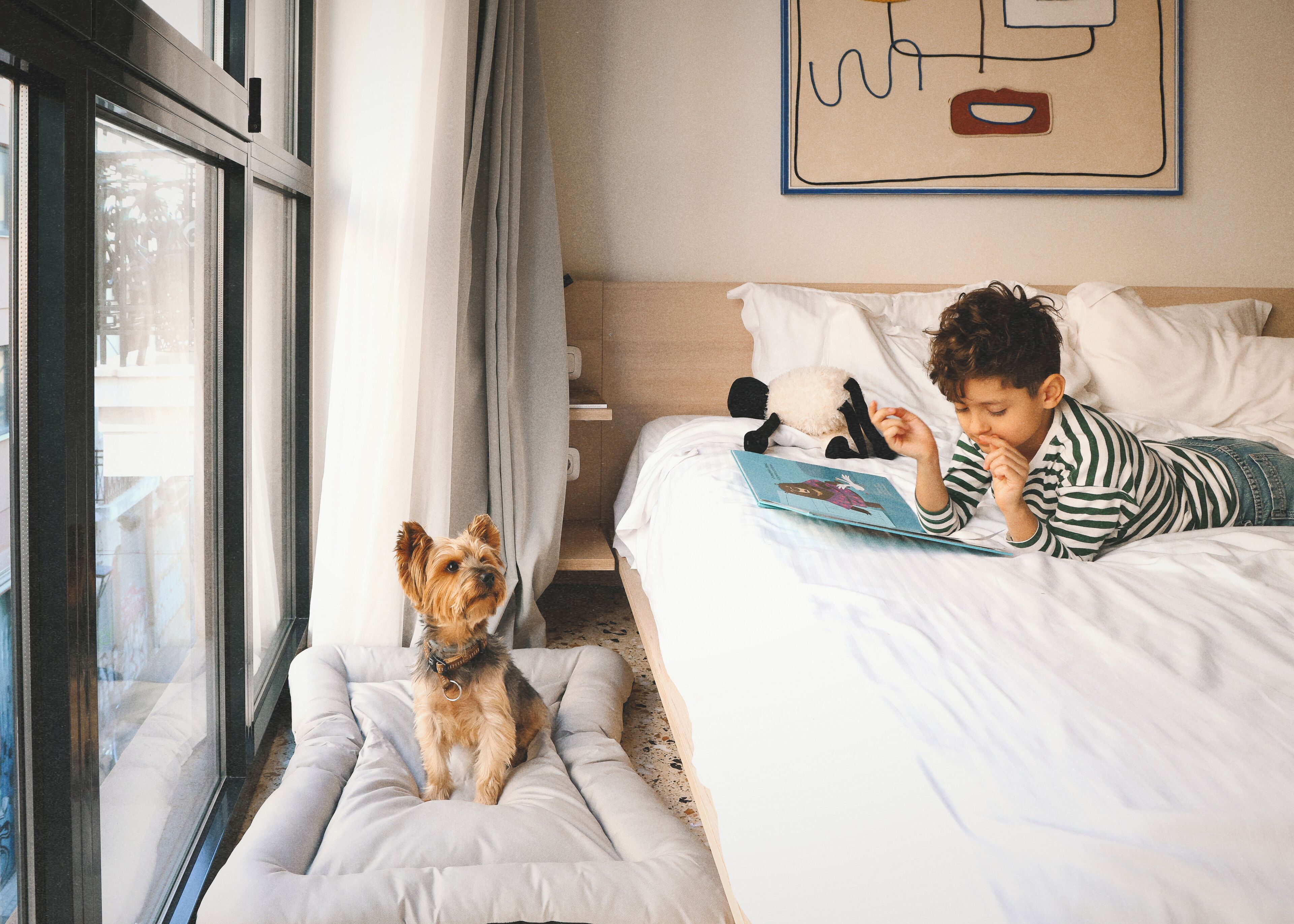 Criança lendo um livro na cama, com um cão sentado em uma caminha perto da janela.