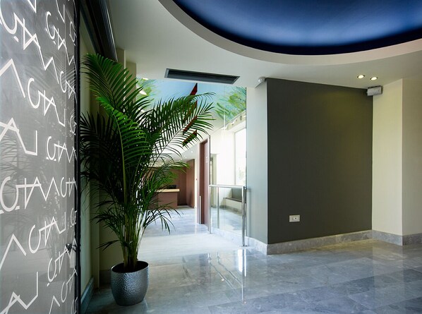 Un vestíbulo moderno con una planta grande en maceta, una pared de vidrio con texto blanco y un techo curvo.