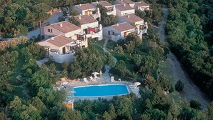 Vue aérienne d’un quartier résidentiel avec de nombreuses maisons, une piscine et de la végétation luxuriante tout autour.