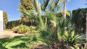 A landscaped garden with palm trees and various shrubs. - Modern villa with private pool and garden (Mar de Cristal)