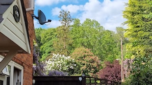 Un jardin résidentiel avec une maison en briques, une antenne parabolique et une variété de plantes à fleurs.
