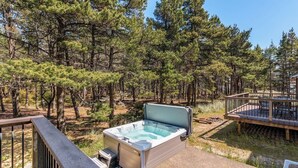 A hot tub on a deck surrounded by pine trees.