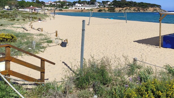 A beach with a wooden fence, a sandy path, and a building in the background.