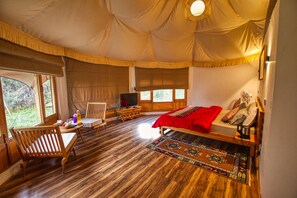 Una habitación con carpa, una cama, una mesa, una silla y un televisor.