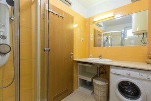 Shower, hair dryer, towels