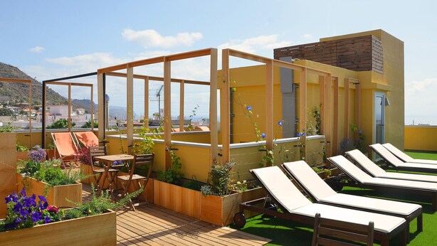 Una terraza en la azotea con sillones de madera, una mesa de madera y macetas con flores.