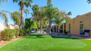 A well-maintained outdoor area with artificial grass, a pool, and palm trees.