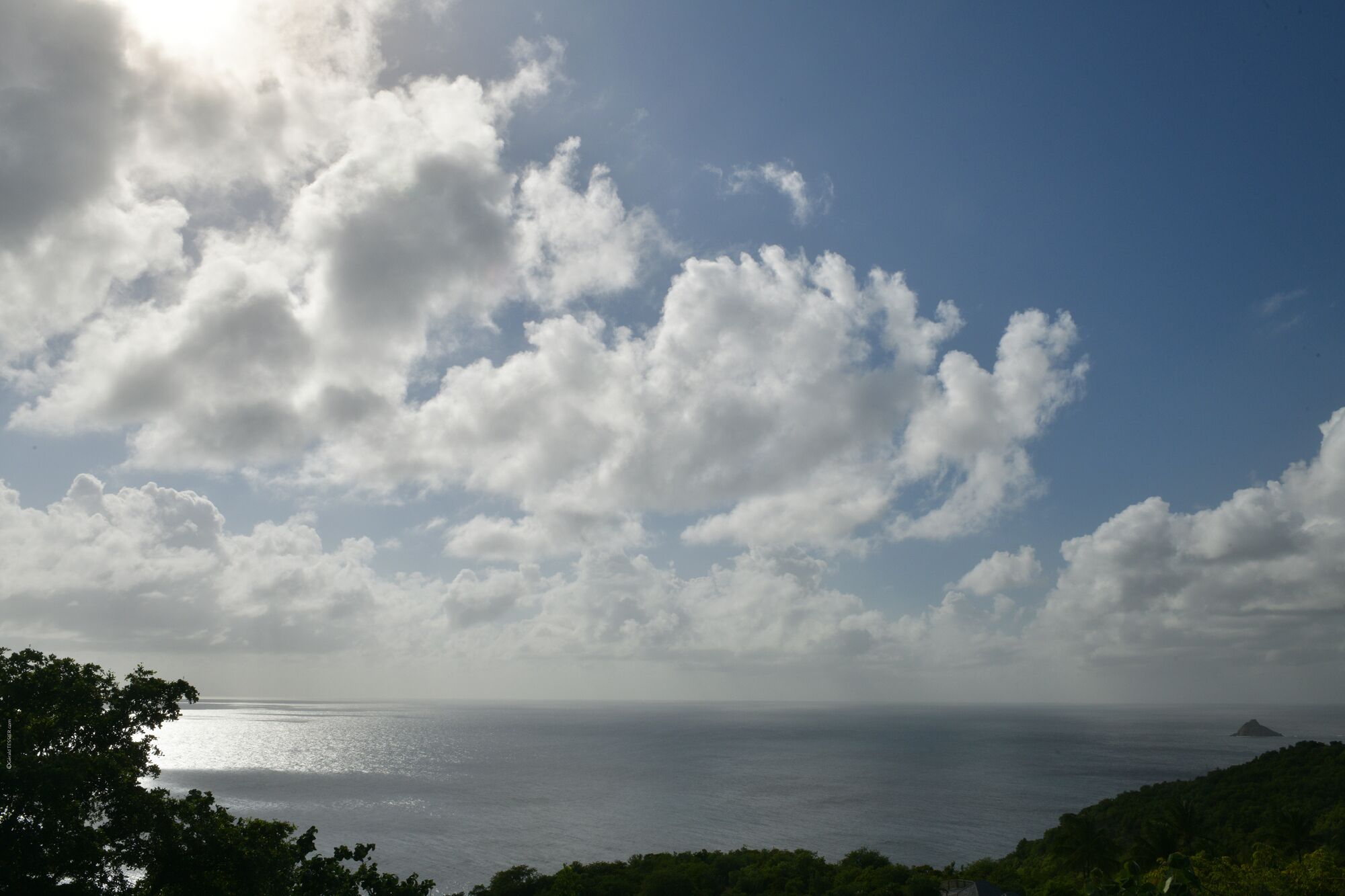 A coastal landscape with a view of the sea and a distant island.