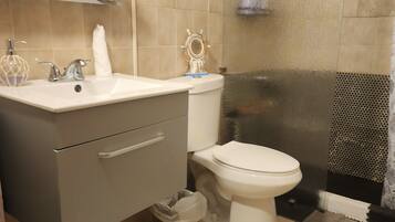 Un baño con lavabo, inodoro y ducha.