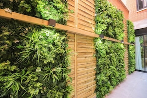Eine vertikale Gartenwand mit verschiedenen Pflanzen und einem Holzboden.