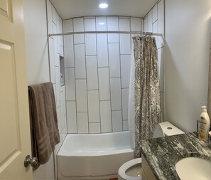 Combined shower/bathtub, hair dryer, towels, soap