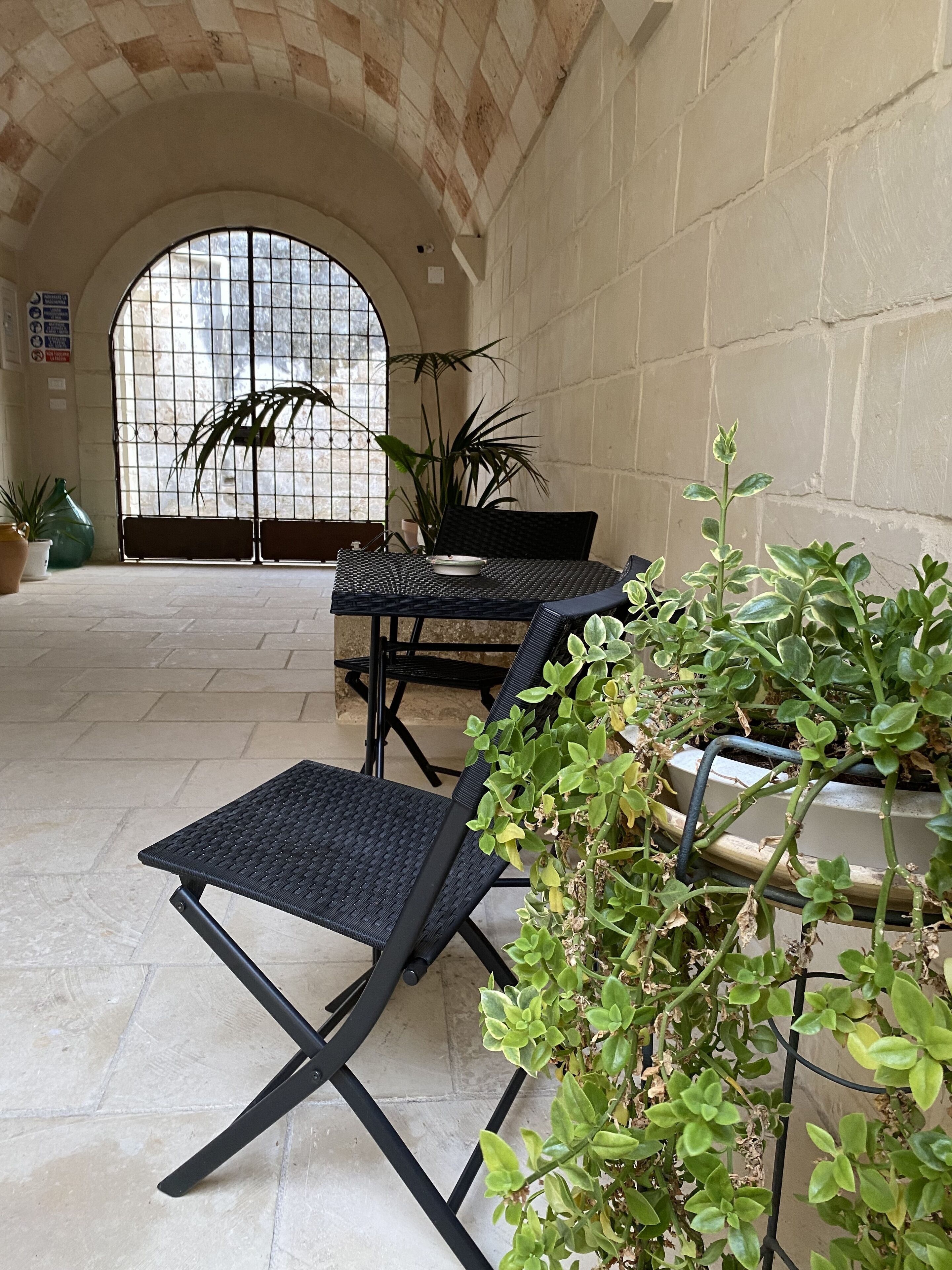 An outdoor patio area with a table and chairs, potted plants, and a large arched window.