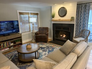 Smart TV, fireplace, DVD player, books