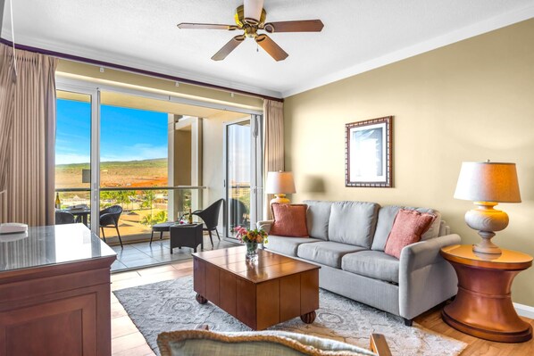 Spacious living room designed for easy island living - Honua Kai | Mountain View 1 BR | Car Incl. w/ 6+ Nights | HKK-922 by KBM (Lahaina)